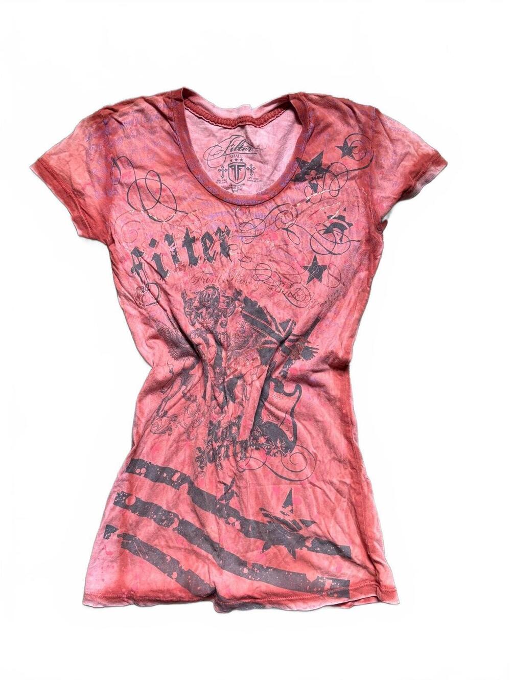 Y2K Filter Graphic Tee Women’s Small Rhinestone Guitar Grunge Fitted‎ Shirt